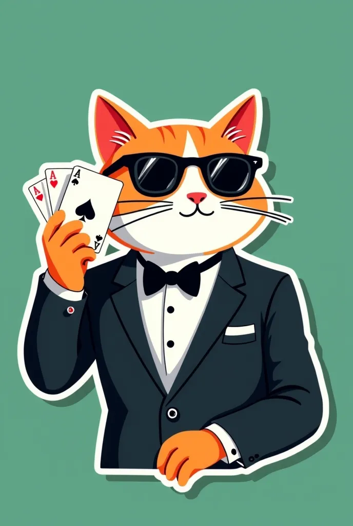 A minimalist illustration of a cat playing poker, designed as a drawing perfect for a sticker. The cat is dressed in a sharp suit (a tuxedo or a tailored blazer) with a bow tie and wearing stylish sunglasses. The cat is confidently holding up a poker card,...