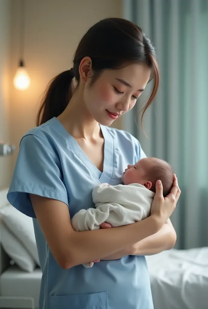 Put the baby beside the woman on the hospital bed