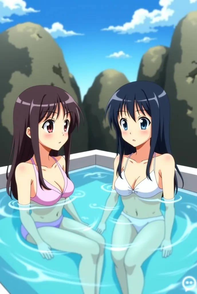 anime image of two women in a hot tub with rocks in the background, screenshot from a 2012s anime, still from tv anime, anime movie screenshot, today's featured anime still, kyoto animation still, screenshot from the anime film, nagatoro, slice of life ani...