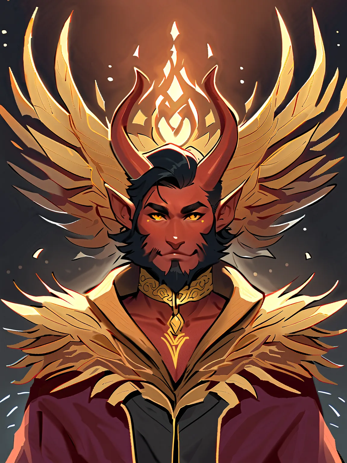 Red tiefling, dark red skin, black hair, semi-long black hair, short black stylish beard, beard, phoenix style inspired, stylish, magical phoenix feathers collar, bright yellow red embering collar, male, balck horns, solo, facing viewer, blank background, ...