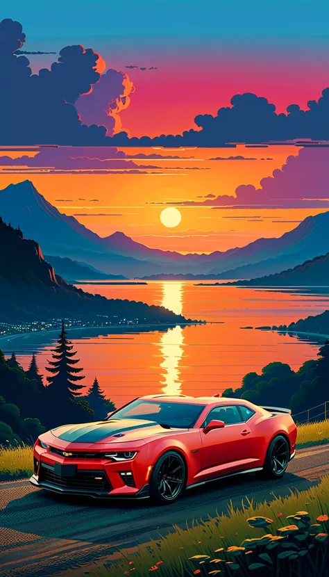 (Minimalism:1.4), Draw a simple Tintin style art a camaro  ZL1    camping sunset clouds , studio ghibli art, miyazaki,  ,  colina   hiper-detalle   cielo infernal hiper-Makoto Shinkai!!, anime movie background best quality best of SeaArt HDAn incredibly de...