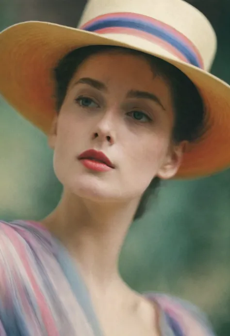 a moving colorful of a woman with a hat and shows her small breast, soft blurry by Sarah Moon for Cacharel in 1984