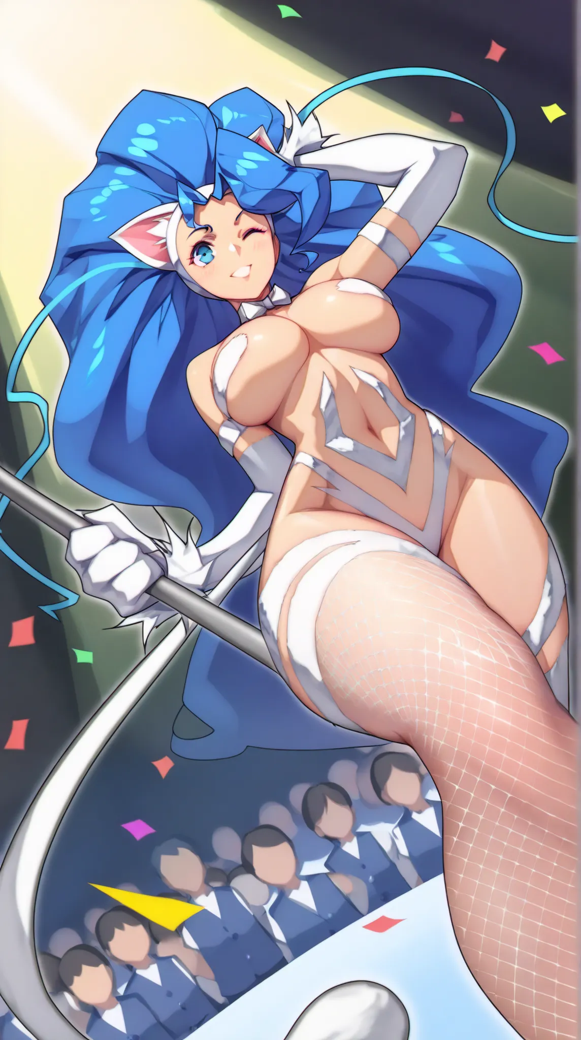 (Impossibly perfect art, masterpiece:1.2, top quality, Intricate:1.35, Absurdly amazing quality, highly detailed, highres, top quality anime, latex:1.1, gorgeous, delicate:1.2), BREAK, 1girl, solo, Felicia:1.3\cat woman\capcom\Clothing:1.2\blue hair, cheer...