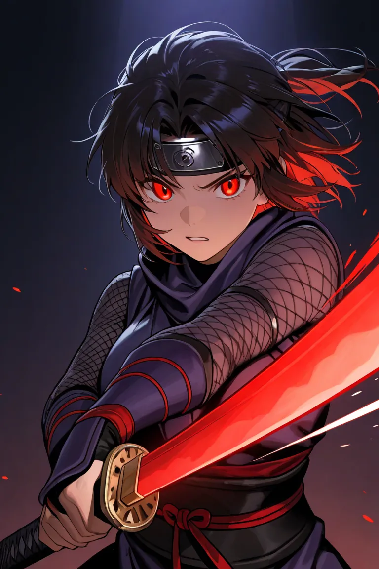 (wallpaper)ninja with a katana  ,dark with a twinkle hitting him lightly and focusing on the sword showing his deep red eyes (walpaper)better lighting (best quality)