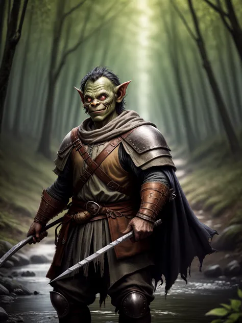   DND Goblin,  man, Full-length portrait , warrior in medieval cheap torn clothes with pitchforks, (very blurred background). Highest detail, high resolution, high quality, cinematic lighting. dynamic pose. forest by a stream in the background.