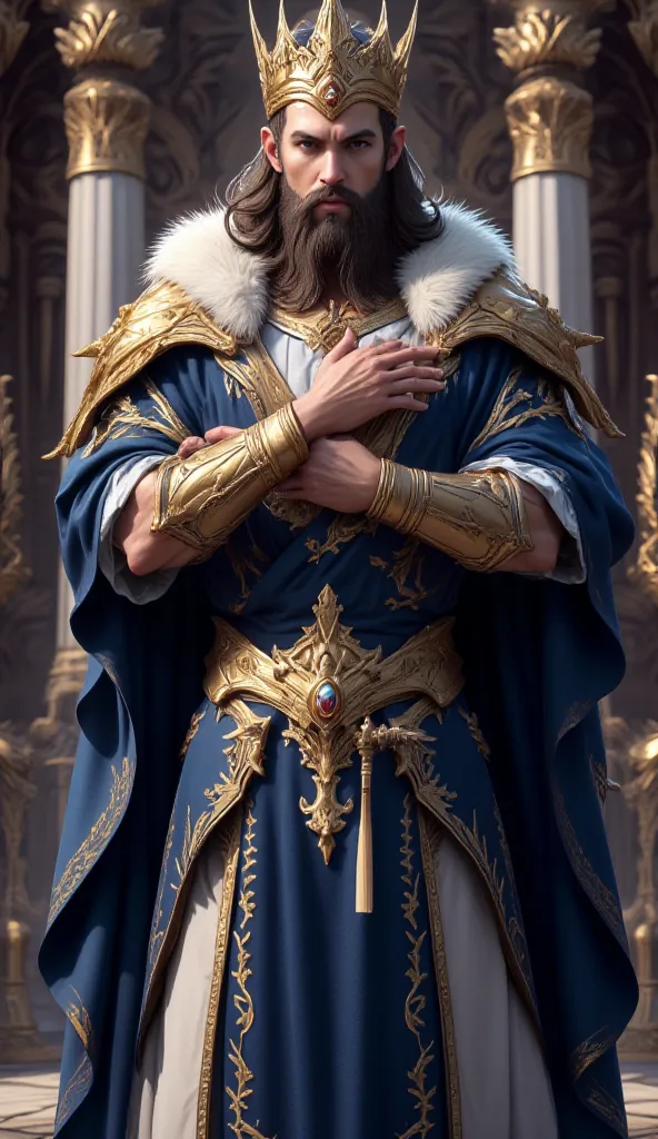 A noble human king with a long beard and a golden crown, wearing regal blue and gold robes. He is wise and just, ruling his kingdom with kindness.