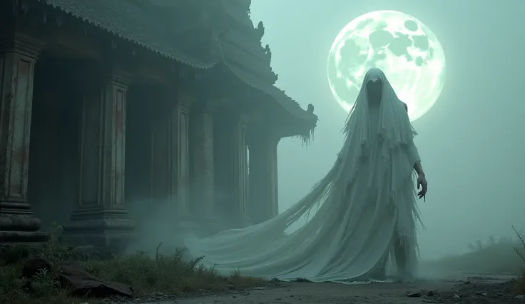 A ghost wrapped in a dirty white cloth, its body is dust in the air next to an abandoned temple of Thailand at night covered in fog and with a big moon.