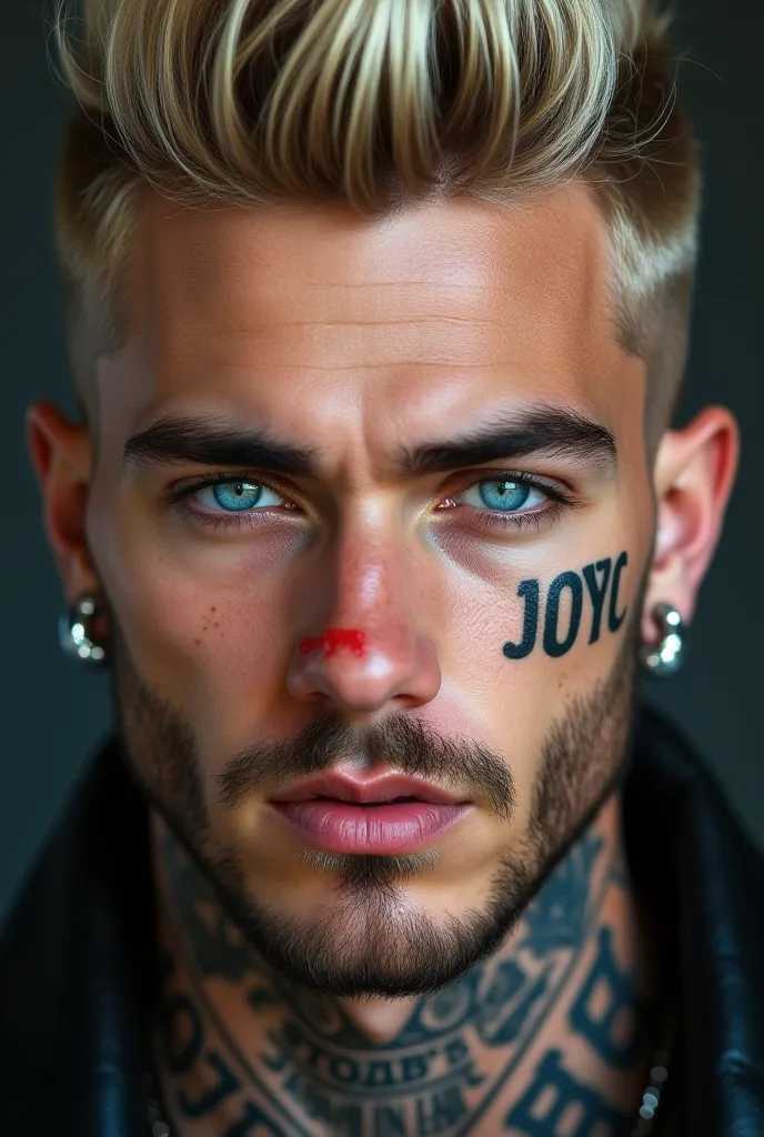 handsome man, blond hair cut taper fade, tattoo in letters on the side of the neck, black open eyebrows, blue eyes, red nose, black septum on the nose, short beard, round silver earrings on the ears.