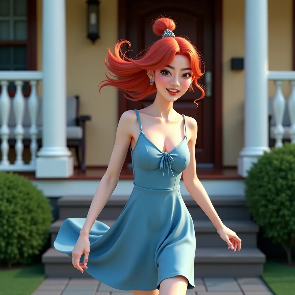 (best quality,4k,8k,highres,masterpiece:1.2),ultra-detailed, Chinese vixen spirit Su Daji from Fengshen Yanyi as a college student, red haired Chinese college student of Han decent, mischeiviously exits a suburban home, skipping down the front porch steps,...