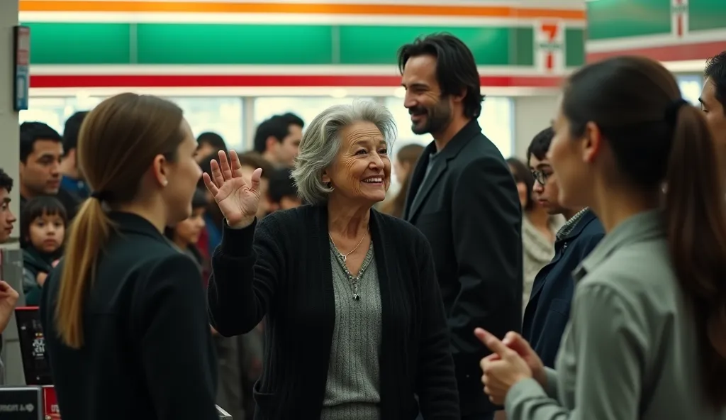 A crowd of onlookers gathered at the checkout in the SevenEleven supermarket. grandmother, gray , in a black wool cardigan, waves indignantly, her face is filled full of emotions — a mixture of anger and passion. Keanu Reeves,  Tall, in a black suit , stan...