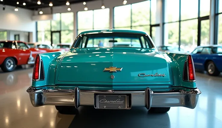 "A classic Chevrolet Monte Carlo reimagined with a modern twist. The car is painted in a glossy turquoise color, showcasing a stunning rear view with stylish taillights and an aggressive chrome dual-exhaust system. The design blends vintage aesthetics from...