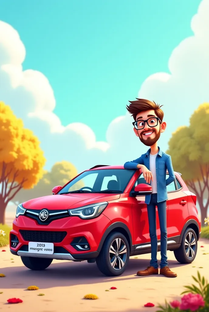 Front image of a red MG ZS car with a man of 1.85 with beards and glasses on the side like a cartoon