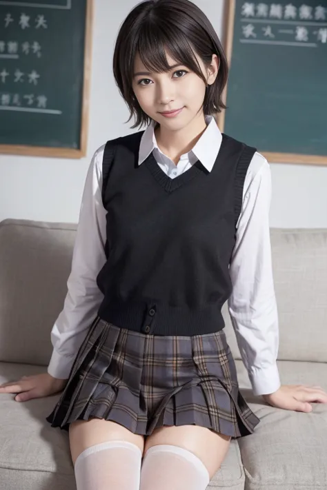 Makoto Shinkai, You are here.,  1 girl, bangs,     black hair, ,  brown eyes,    shiny skin with y on it,  ,  collared shirt ,  neck strap ,  pantyhose, school uniform、wear a pleated skirt、    Viewer  ,   short hair,  cute、sofa椅子に座って足を開く)、 panties in full ...