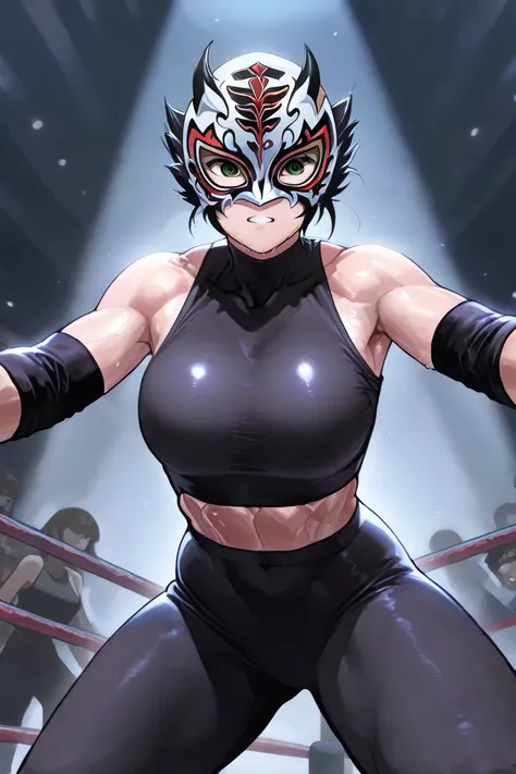 Female professional wrestler Tiger Mask, mask ripped off by shadow man