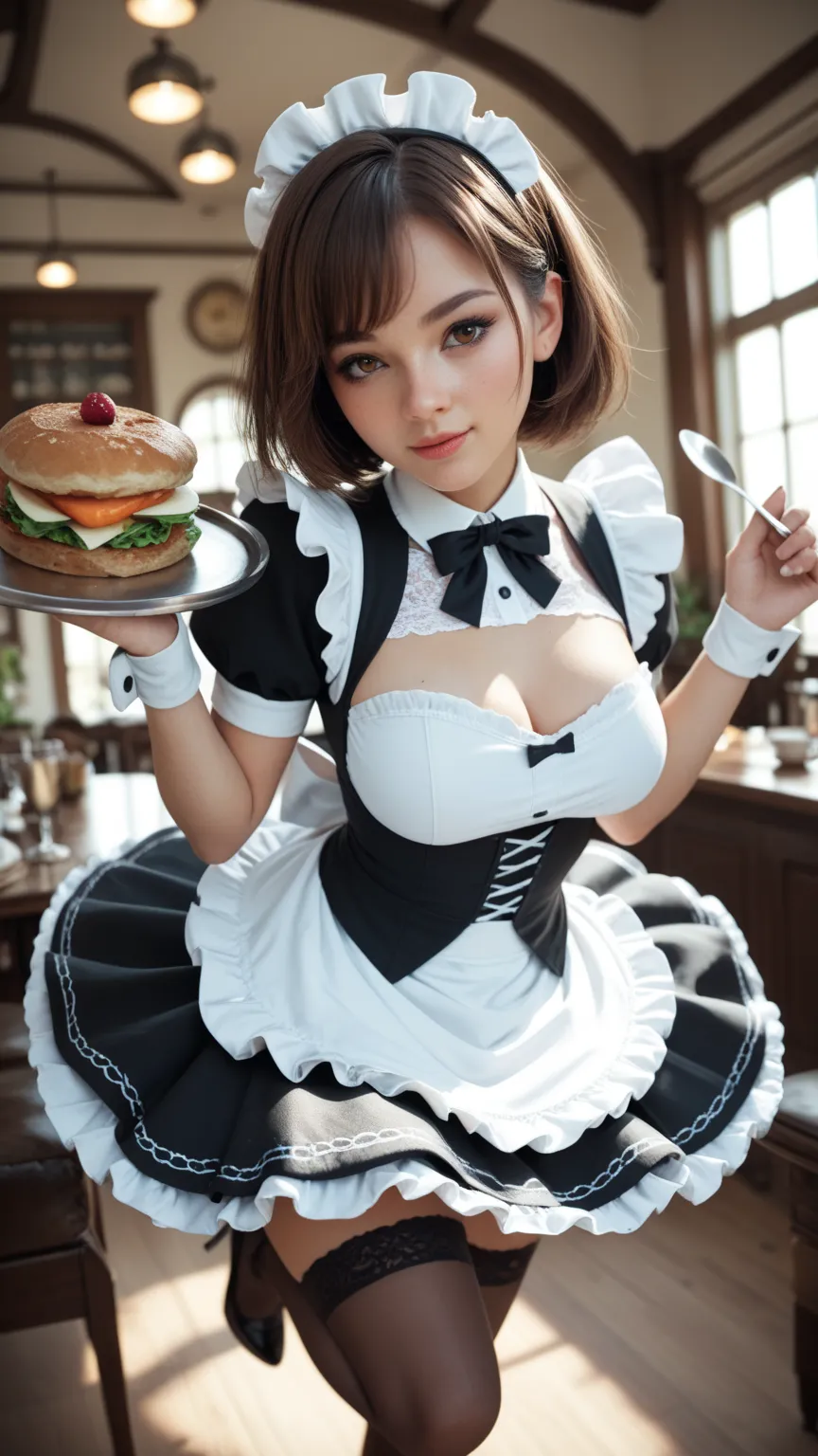 girl with short brown hair, brown eyes, maid outfit, with a food tray in hand, HD, 4K 