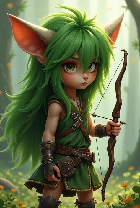 A small young archer with long green hair, you can only see one eye because the hair covers almost his entire face, he has a skinny but strong build and in an animal-like pose because he is something wild 