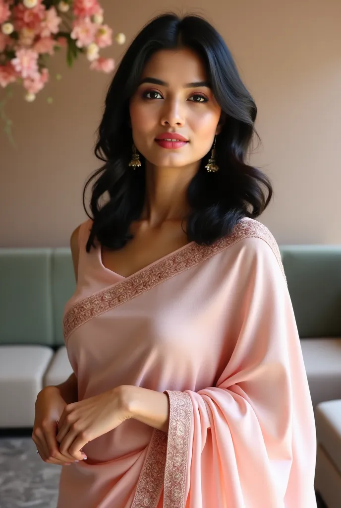 A serene, modern setting with a young Bangladeshi woman standing gracefully. She wears a soft blush saree featuring delicate rose gold embroidery along the border and bodice, exuding refined elegance. Her flawless, light skin and medium-length jet-black ha...