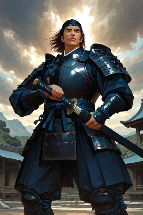 male samurai in stunning perspective, detailed face, determined expression,  firm posture,  ornate armor , sword in hand, Samurai scenery, ancient Japanese landscape, cloudy sky, dramatic light, oil painting technique, team high resolution,  Realistic art,...