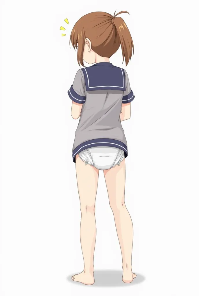 Honami mochizuki, mochizuki honami, honami mochizuki from pronect sekai, brown hair, blue eyes, one side ponytail, gray girl school uniform, diaper, wearing diaper, adult baby diaper, back facing the camera, embarrassed