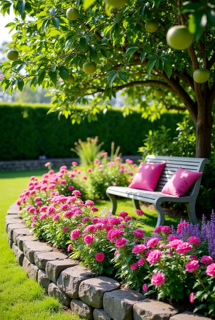 Sunny garden with wooden bench. A vibrant flowerbed overflowing with pink roses and purple salvia, with other flowers in the same color scheme. A natural stone retaining wall forms a border for the flowerbed. A light gray wooden bench sits amidst the flowe...