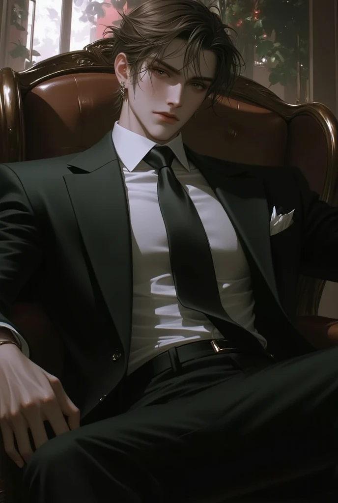 young man, a mature-looking guy, handsome, strong looking, sharp features, brown hair, green eyes, wearing a fancy suit, thighs spread apart egotistically, sitting in front of viewer with a sharp gaze and a smirk, seductive,