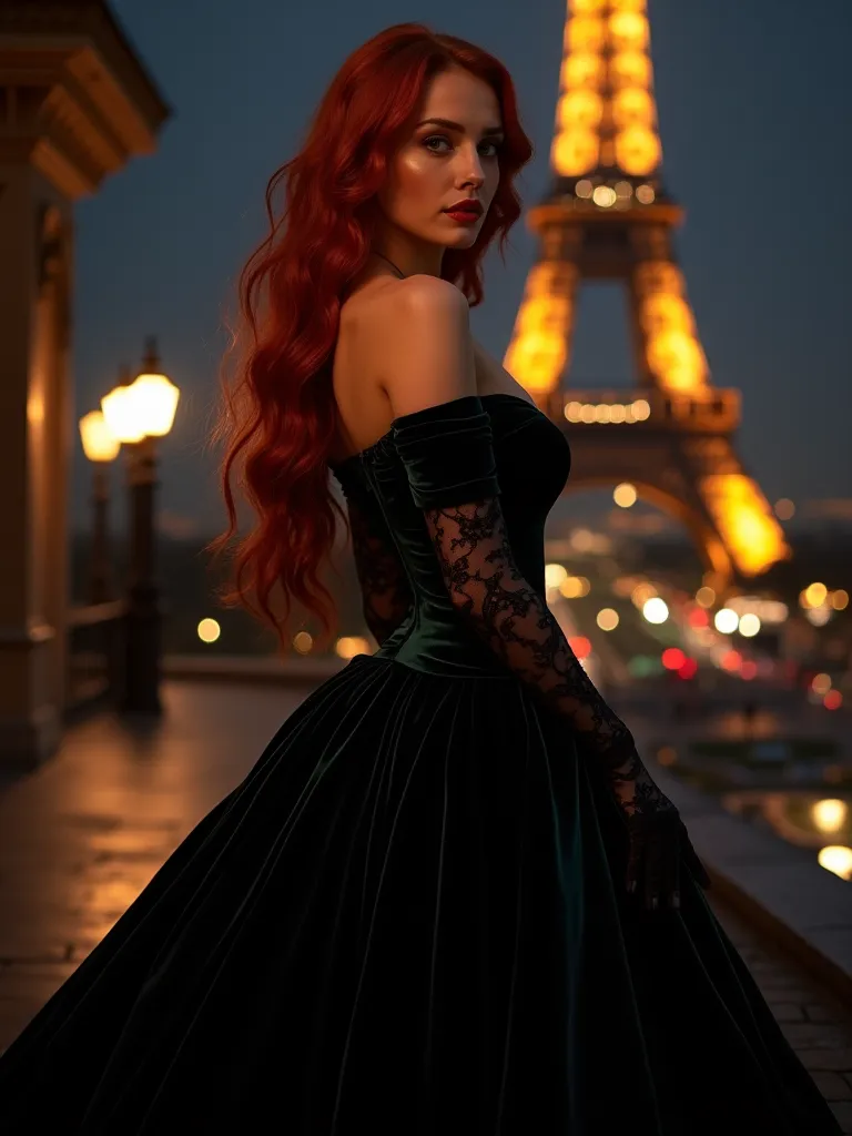 Women long Red hair curvy Figure formal long sleaves shoulderless Black velvet dress Efiel tower at night 