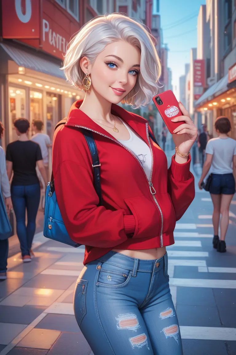 A 19 year old girl with white short hair and blue eyes wearing a top and short pants with open zipper and she's standing in a street with romantic pace