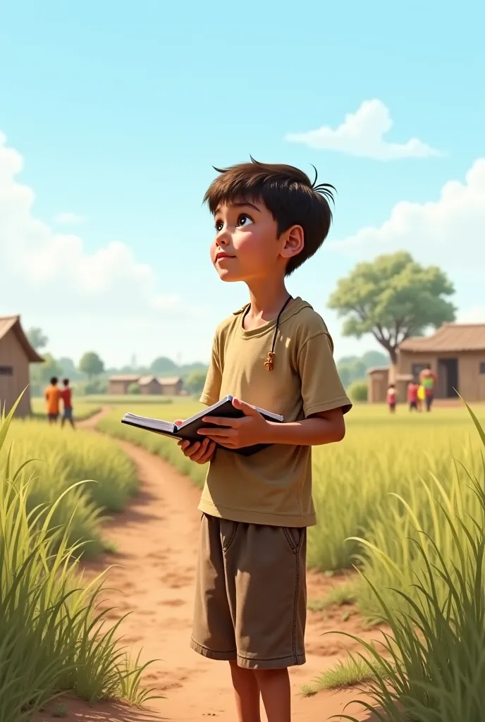 "A young boy with determined eyes, wearing simple village clothes, standing in a rural setting with dirt roads and small houses. In the background, farmers are working in the fields, and some ren are playing. The sky is clear, and a gentle breeze moves thr...