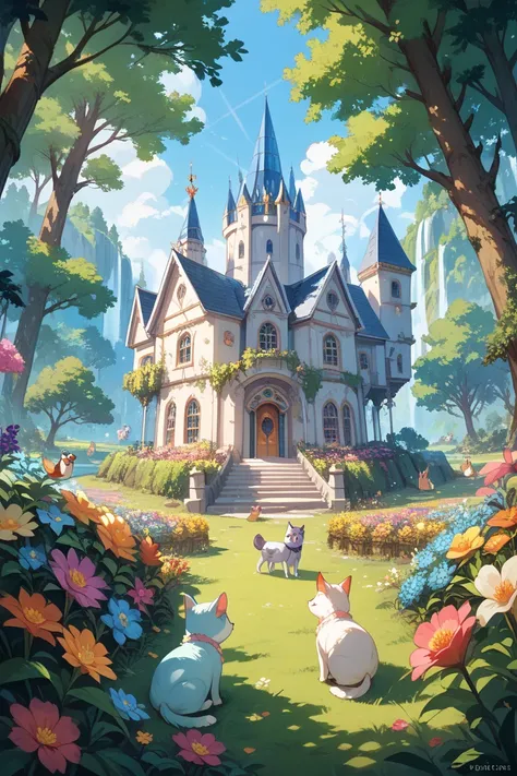 Princess in the Forest and Flower Country。surrounded by animals。The room in the castle in the forest where the princess is is very large and、Surrounded by colorful flowers and、cute little animals surround the princess in a fun way。