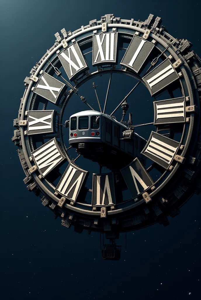 A huge clock with Roman numerals in zero gravity in space, and a black subway car comes out of this clock in zero gravity 