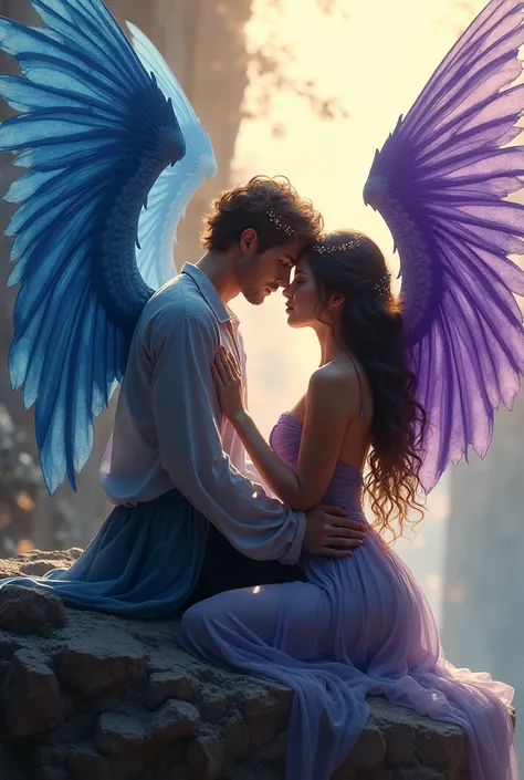 Remember that Azriel's wings are blue and Clary's wings are purple and that they are sitting on a rock, And make your face look better and remember to give it the title that says Love Between Wings 