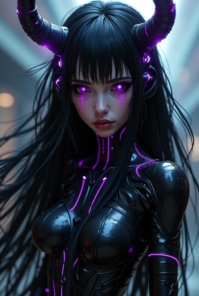 A cybernetically enhanced demon woman with flowing black hair, clad in sleek, futuristic black armor adorned with glowing neon accents. Her piercing purple eyes radiate an otherworldly energy, exuding both power and mystery. Her sharp, clawed fingers and b...