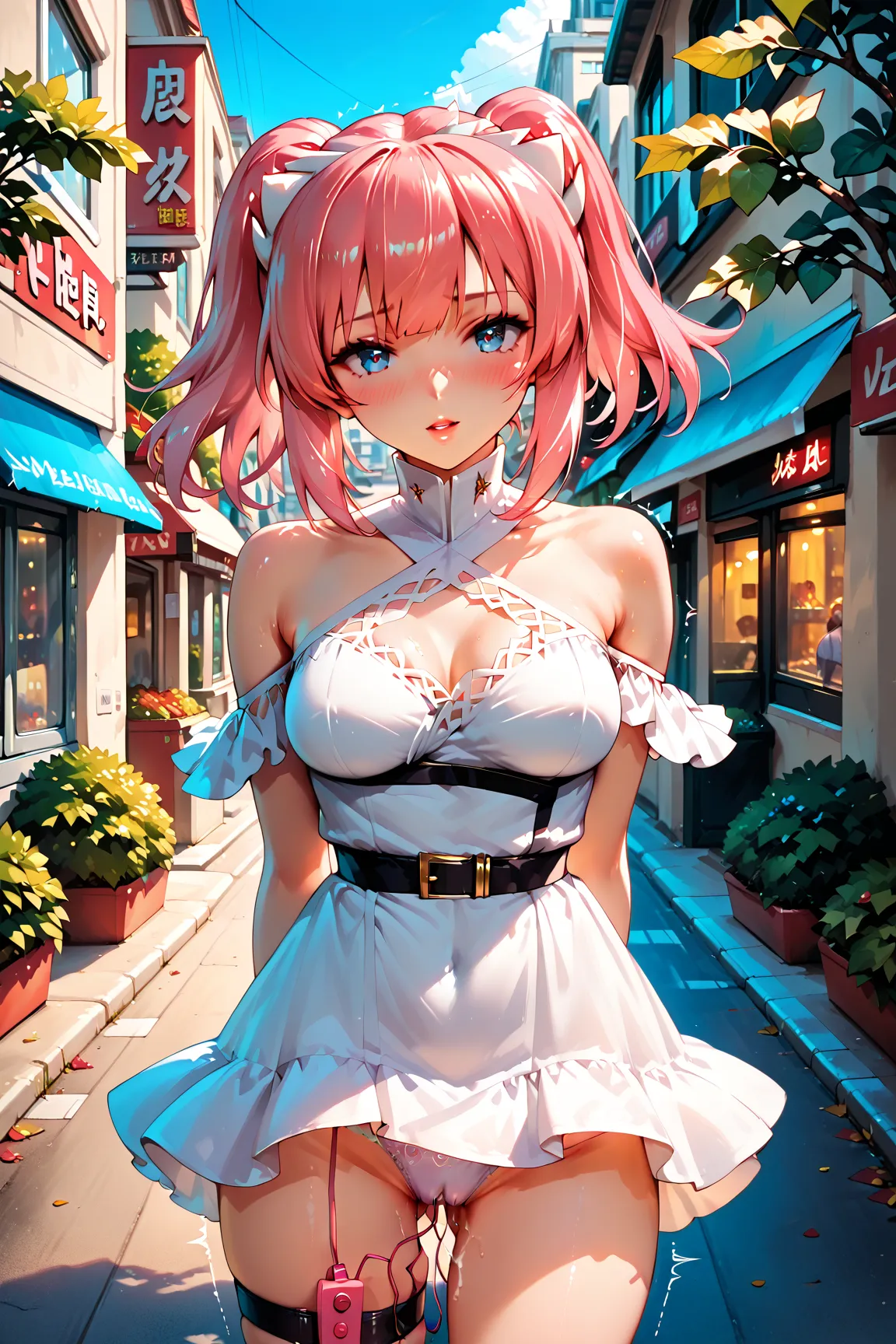  beautiful and well-groomed breasts 、 pink hair twin tails、rich contrast、 Extremely High Quality 、8k、Very Delicate CG Unit、Wallpaper ultra wide angle 1woman,small eyes,bangs between eyes,medium breasts,
White dress,off shoulder dress,city,street,trees,mapl...