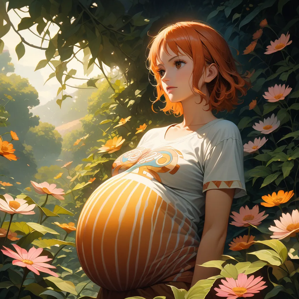 Masterpiece, t-shirt), intricate details, Nami One Piece women pregnant