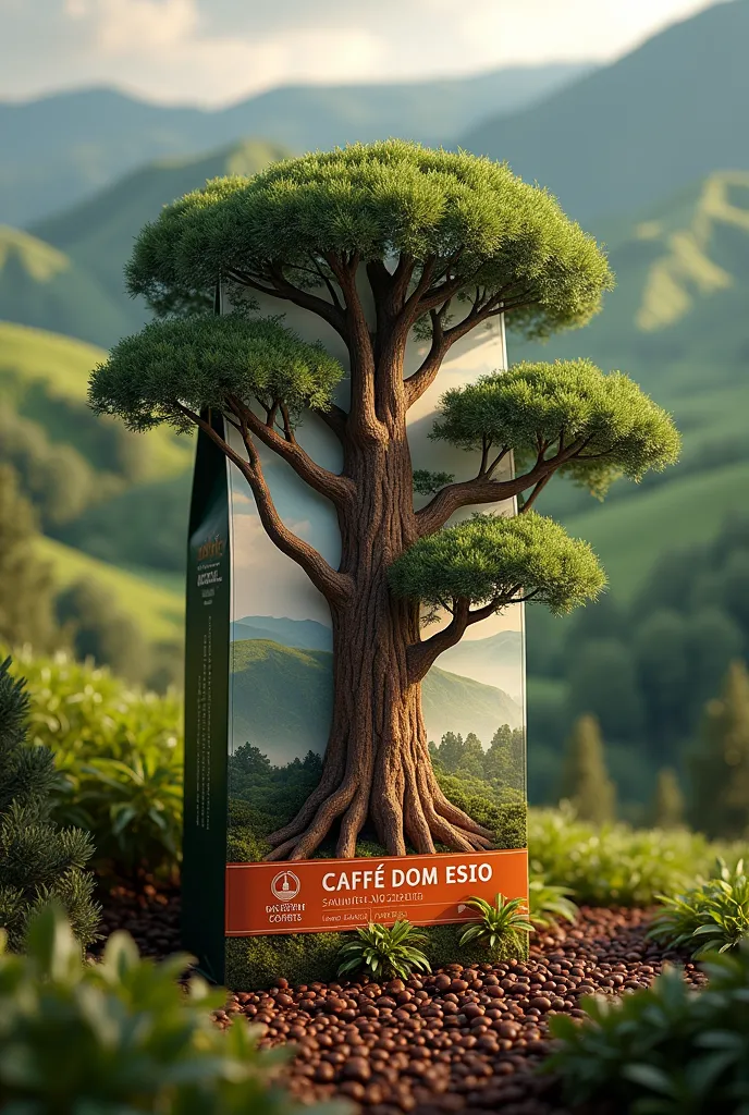 Create a gourmet coffee package where the central element is an Auracaria tree called Café Dom Esio