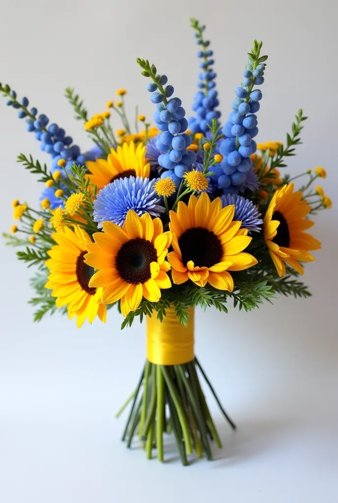 Minimal bridal bouquet with blue delphinium, chamomile, yellow solidaster and border (the yellow balls), limonium blue, dark pink lisianthus, sunflowers, red alstroemeria, erygnium (thorn), and greenery