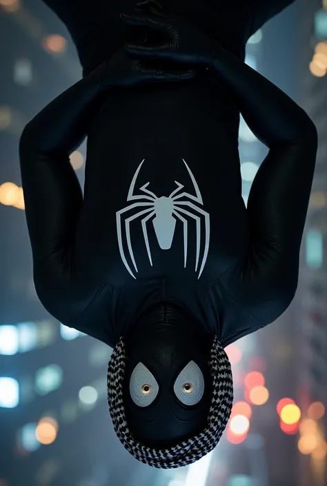 "An upside-down black-suited superhero with a white spider emblem on his chest, set against a nighttime cityscape. His large, white, well-defined eyes contrast sharply with the dark suit. He is wearing a traditional Middle Eastern ghutrah and agal, seamles...