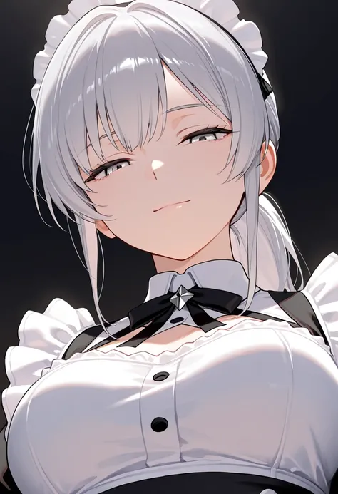 1girl, light smile, closed mouth, half closed eyes, silver hair, ponytail, silver eyes, maid outfit, medium breasts, looking down, from below, close-up, upper body, looking at viewer, dark background