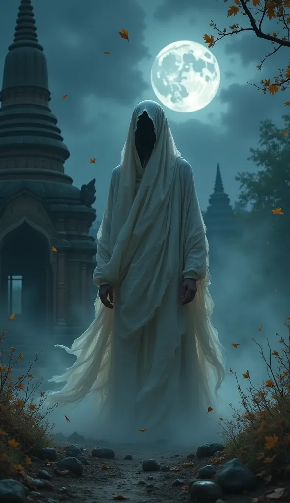 A ghost wrapped in dirty white cloth, its body is a huge dust floating in the air, with debris and dried leaves flying around the area adding to the horror. Next to the abandoned temple of Thailand at night covered with fog and a big moon. The background i...