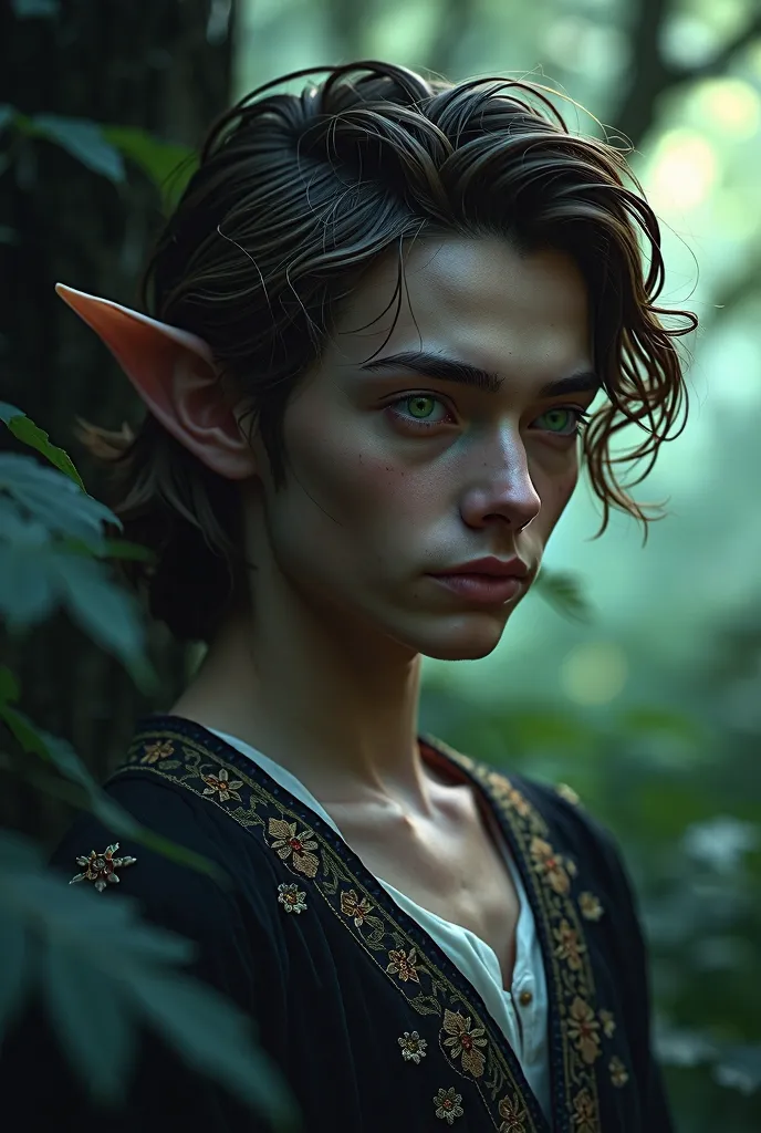 Elf male, with green eyes, brown hair, brown eyebrows