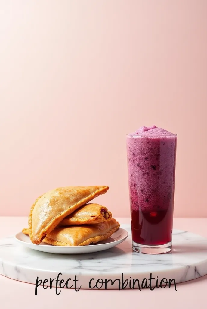 Imagine an advertisement with 1 empanadas on a plate and with 1 glass of blackberry frozzen on the back and that says perfect combination in letters on the bottom all of this on a light background