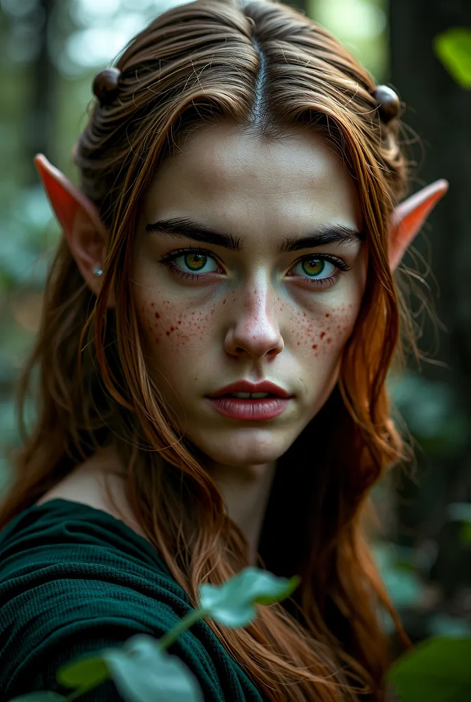 Elf male, with green eyes, brown hair, brown eyebrows, with long hair