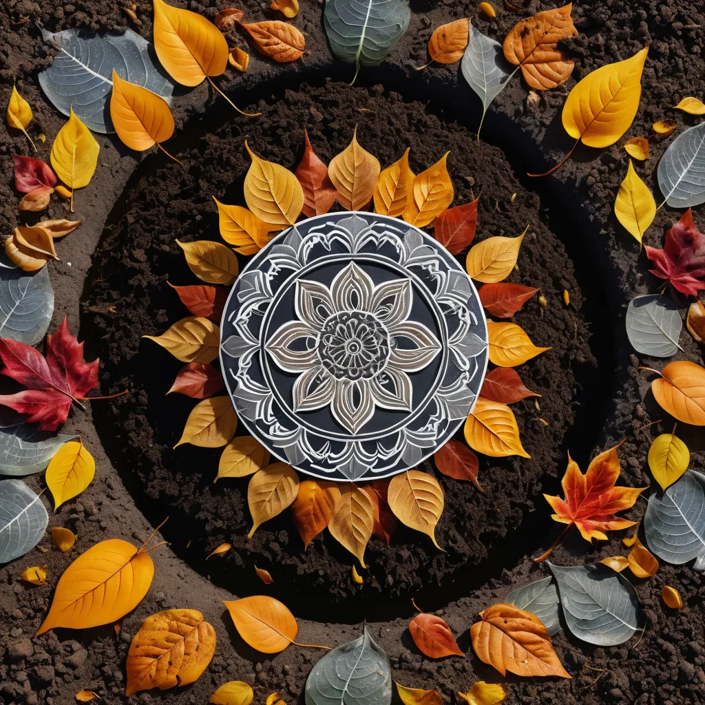 bright atmosphere, peaceful mandala, hyperdetailed, hyperrealism, high resolution, 8k,  fallen leaves, Mandala lies on the ground above the soil