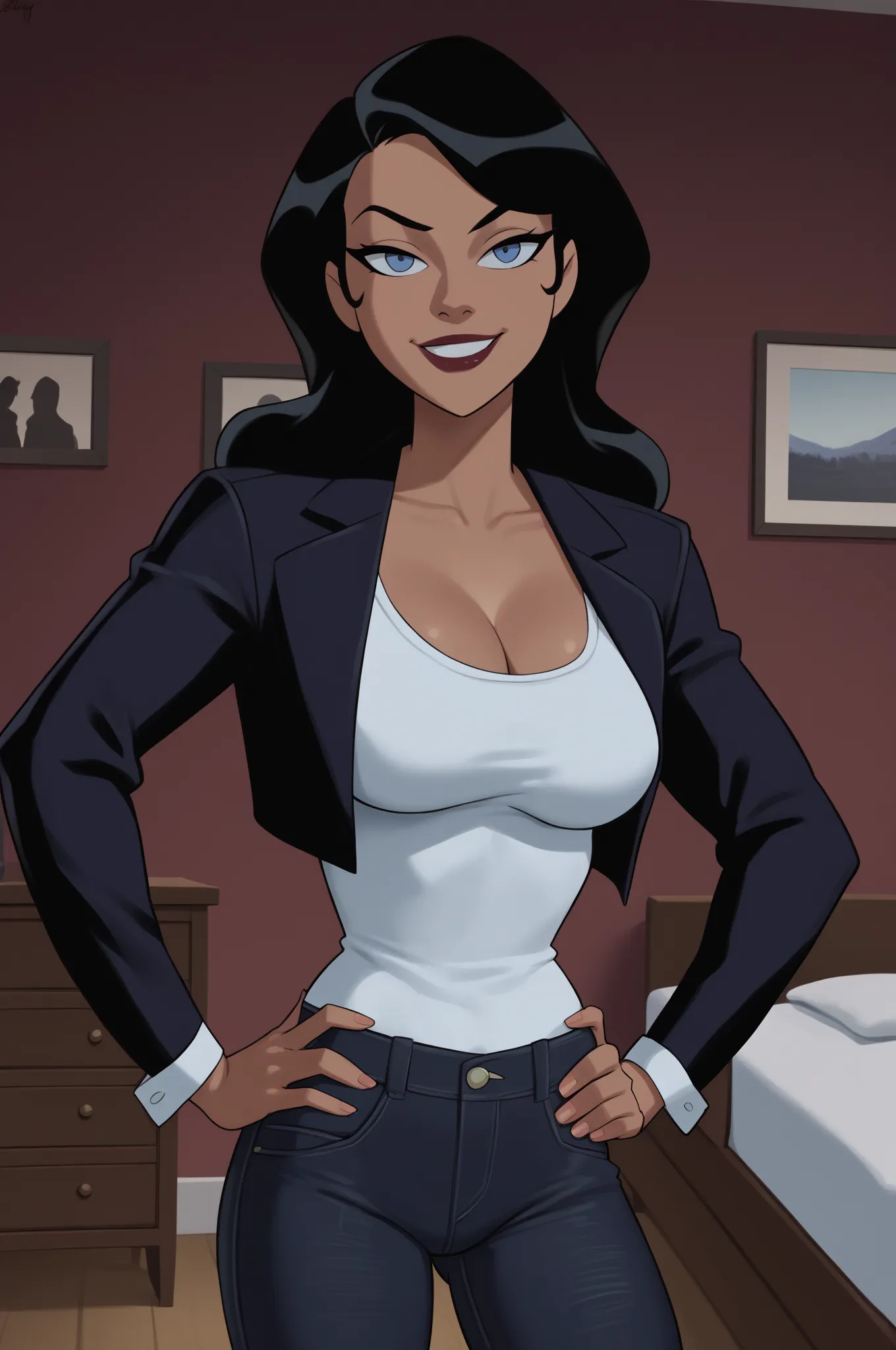 PonyXLV6_Scores BREAK ((parody) perfect anatomy, perfect eyes, cowboy shot), BREAK zatanna zatara, long hair, black hair, dark-skinned female, blue eyes, lipstick, flirting, raised eyebrow, ((looking at viewer)), long hair, black racerback tank top, black ...