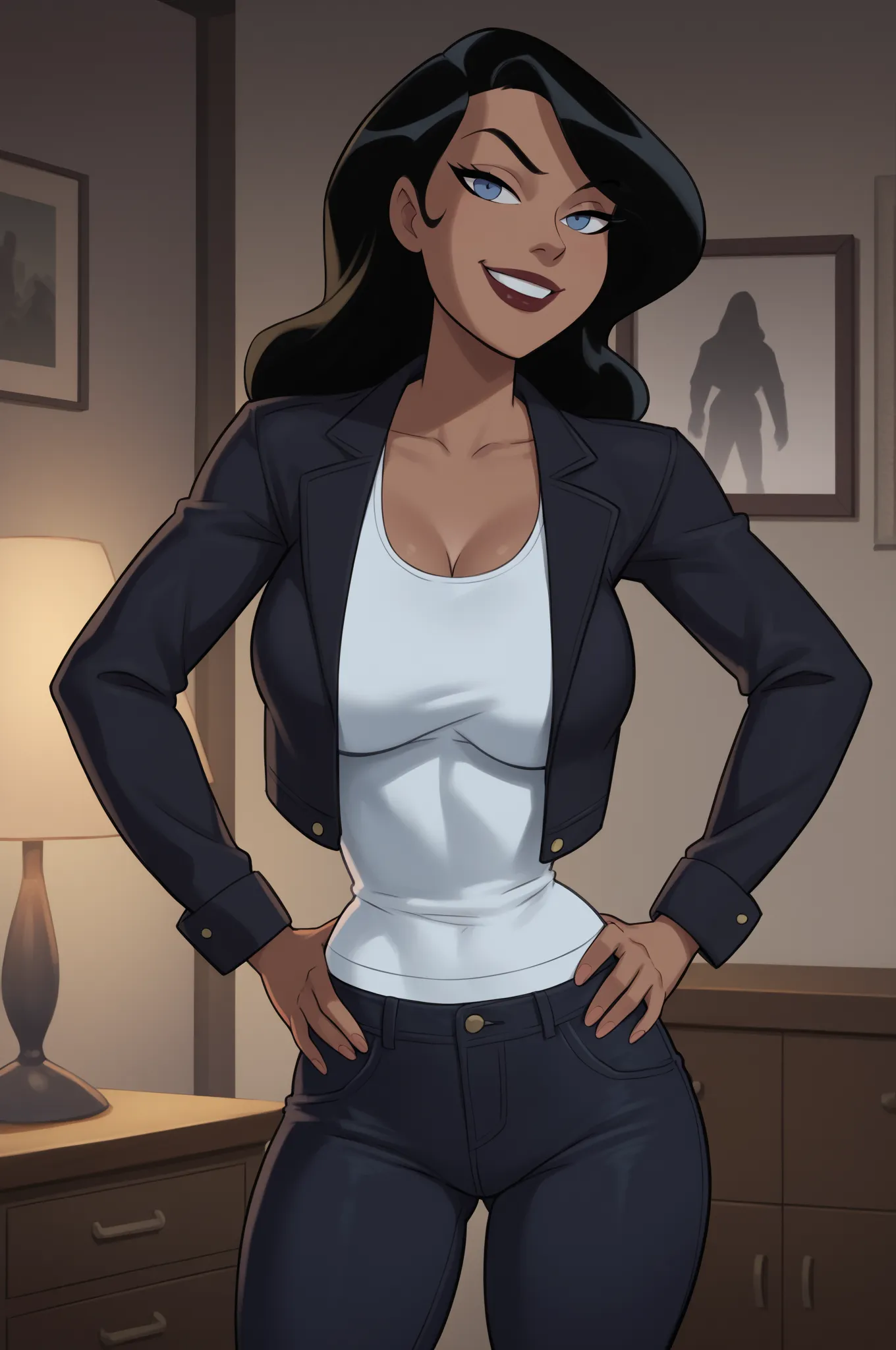 PonyXLV6_Scores BREAK ((parody) perfect anatomy, perfect eyes, cowboy shot), BREAK zatanna zatara, long hair, black hair, dark-skinned female, blue eyes, lipstick, flirting, raised eyebrow, ((looking at viewer)), long hair, black racerback tank top, black ...