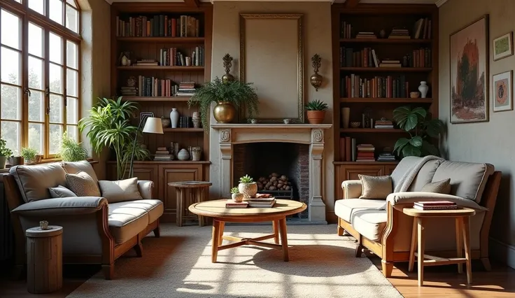 A cozy, slightly disorganized yet harmonious living space with aged wooden furniture, soft natural light, and a warm atmosphere reflecting the charm of imperfection.