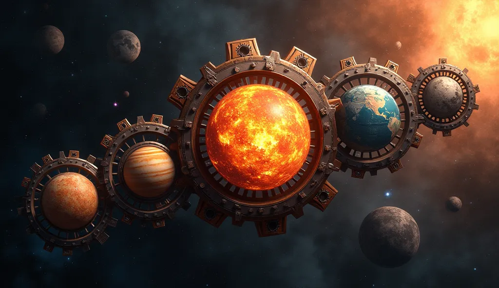 "A highly realistic depiction of the solar system, where all the planets are interconnected through mechanical gears, forming a synchronized system. Each planet's outer layer is designed as a massive metallic gear with detailed teeth that interlock with it...