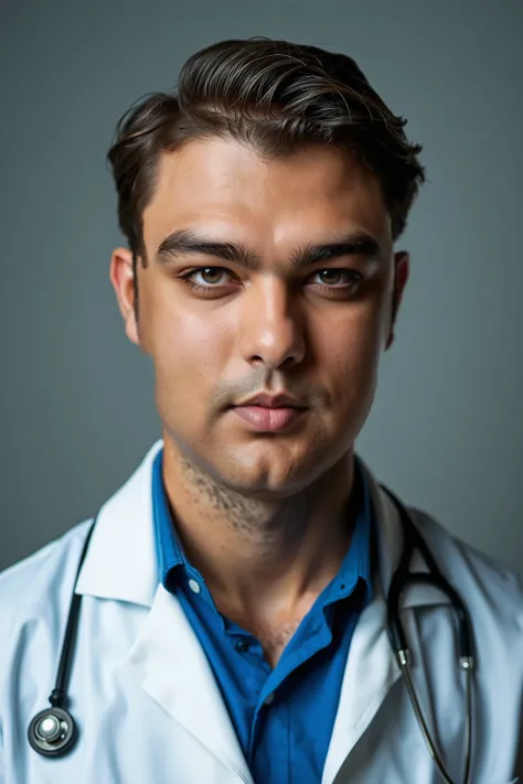 Real Photograph, raw image. Use the EXACT face and hair from the source image. The face should be exactly the same as the input image. Exact hair from source image. Replace clothes to Male Doctor's clothes and a black shoe. White Background. Ultra HD Quali...