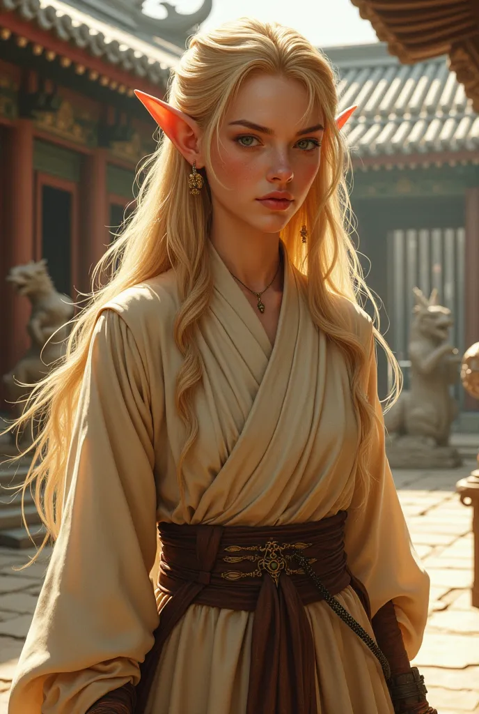 A detailed fantasy portrait of an 18-year-old half-elf female monk with a slight elven grace. She has long, flowing blonde hair and a noticeably curvy figure. She wears simple but elegant monk attire with subtle draconic motifs, reflecting her connection t...