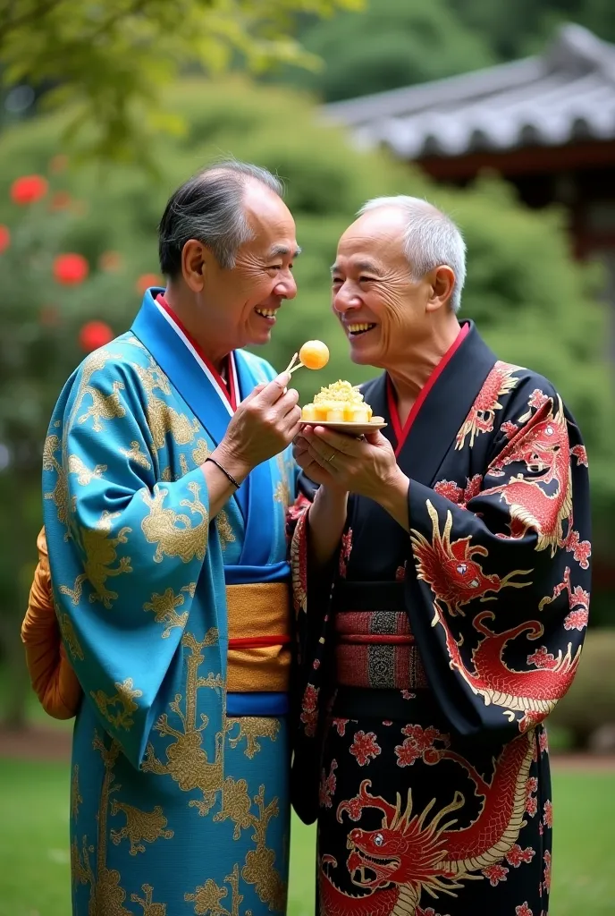 Two men friends eating mochi together in azure blue with gold dragon design and black with red dragon design kimono outfits in a garden in Japan real picture 